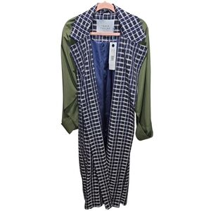 Tanya Taylor Plaid Long Coat with Green Sleeves